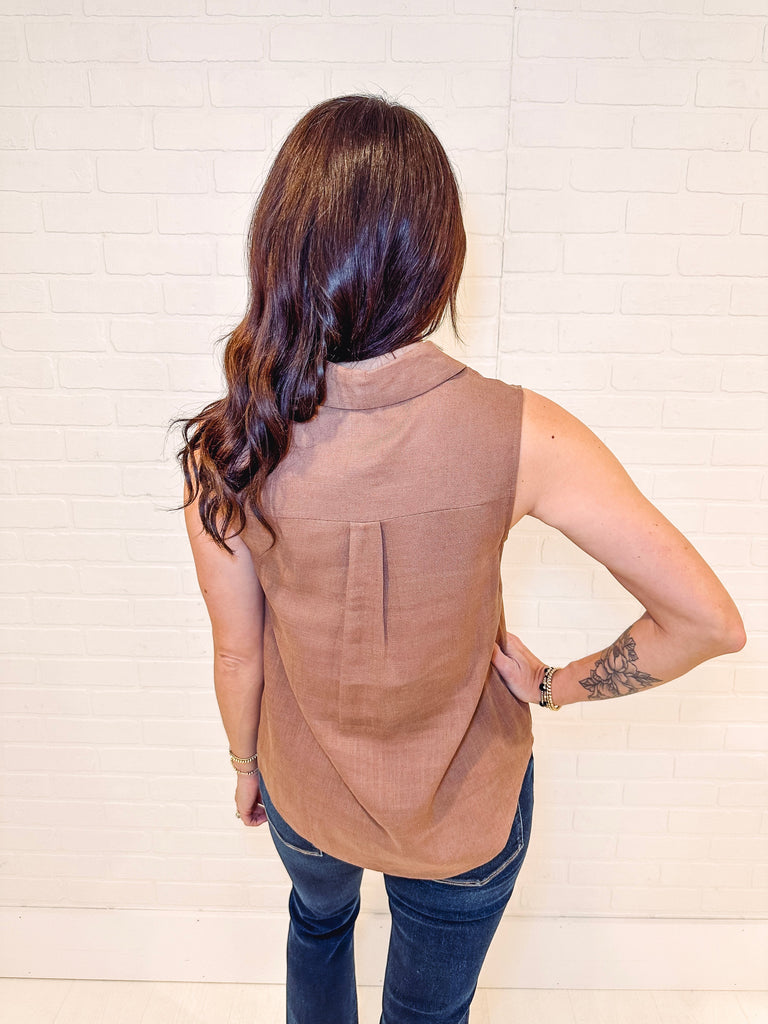 Eccentrics Boutique Tank Top of the Class Collared Linen Tank-- Brown