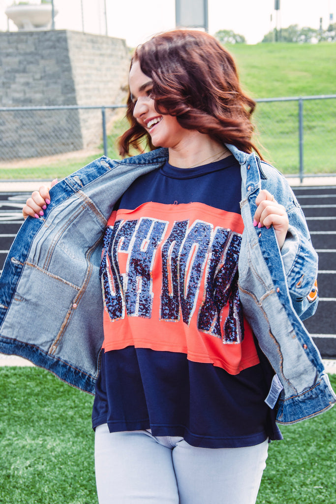 Eccentrics Boutique Shirts & Tops Touchdown Sequined Top-- Orange/Navy