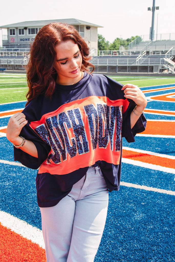 Eccentrics Boutique Shirts & Tops Touchdown Sequined Top-- Orange/Navy