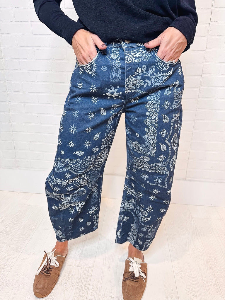 Free People Denim Free People Good Luck Printed Barrel Jeans--Navy Bandana