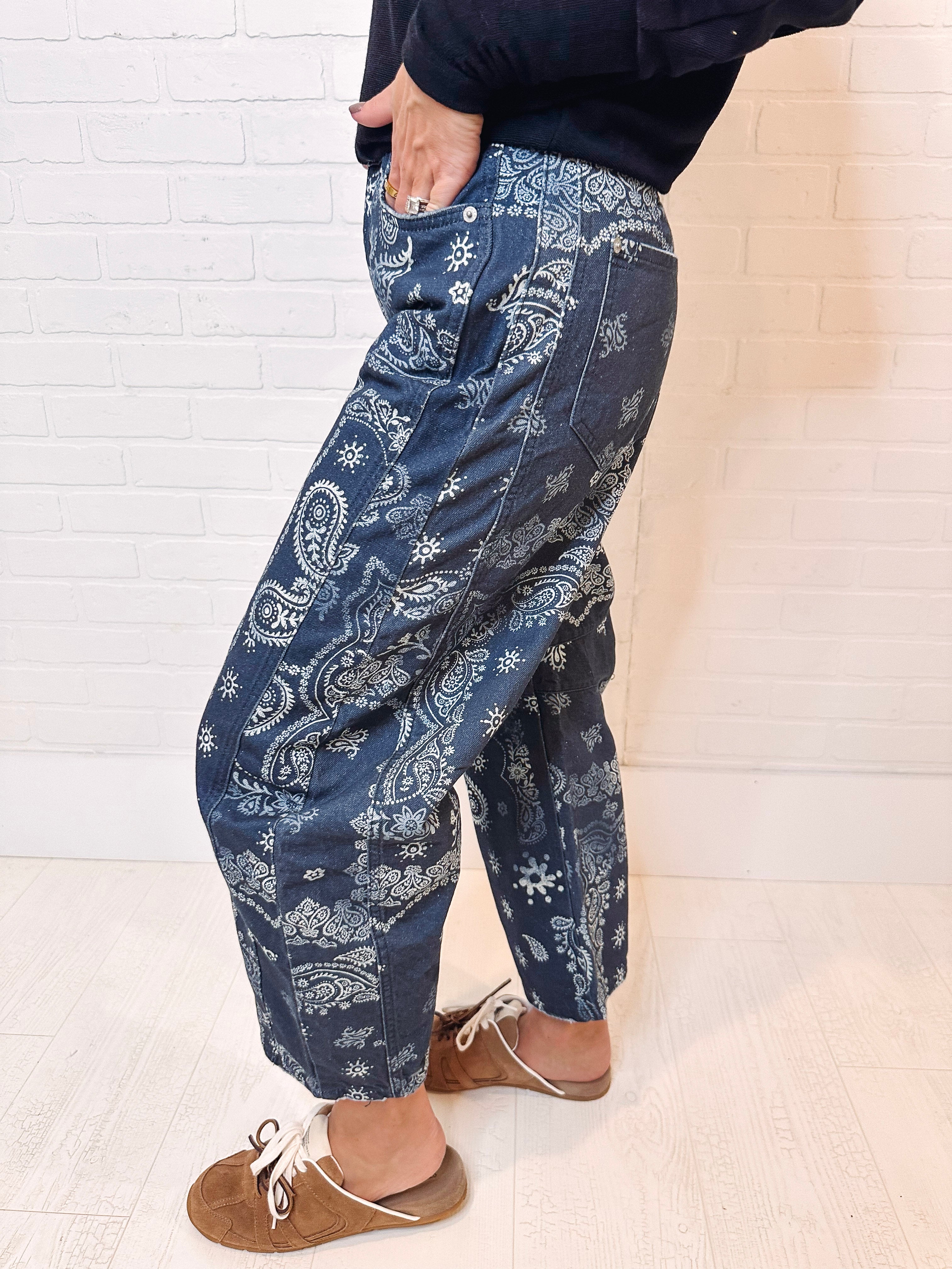 Free People Good Luck Printed Barrel Jeans in Navy Bandana