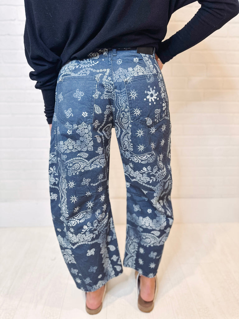 Free People Denim Free People Good Luck Printed Barrel Jeans--Navy Bandana