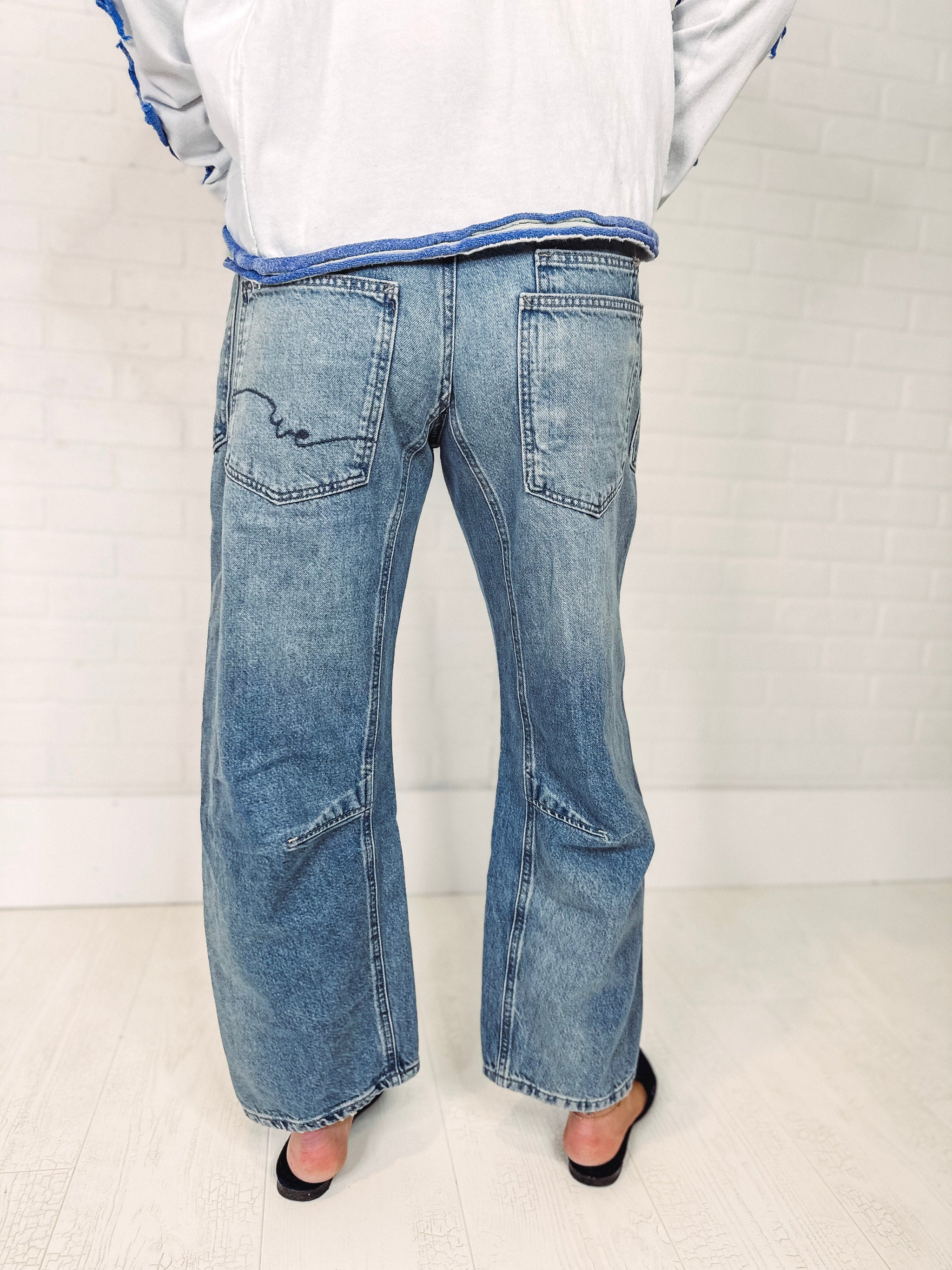 Free People Moxie Low Slung Pull-On Barrel Jeans-- Truest Blue