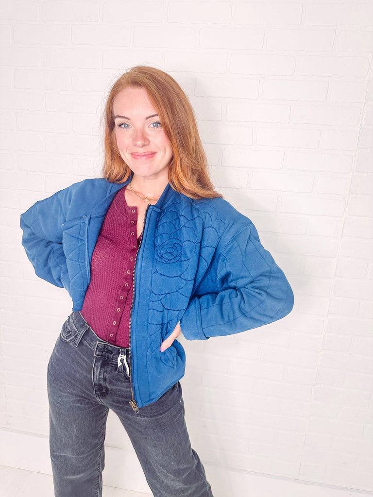 Free People Jacket Free People Rose Zip- Up Sweatshirt in Indigo