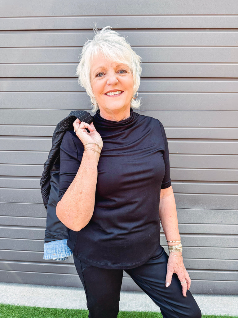 Tribal Top Funnel Neck Staple Top in Black