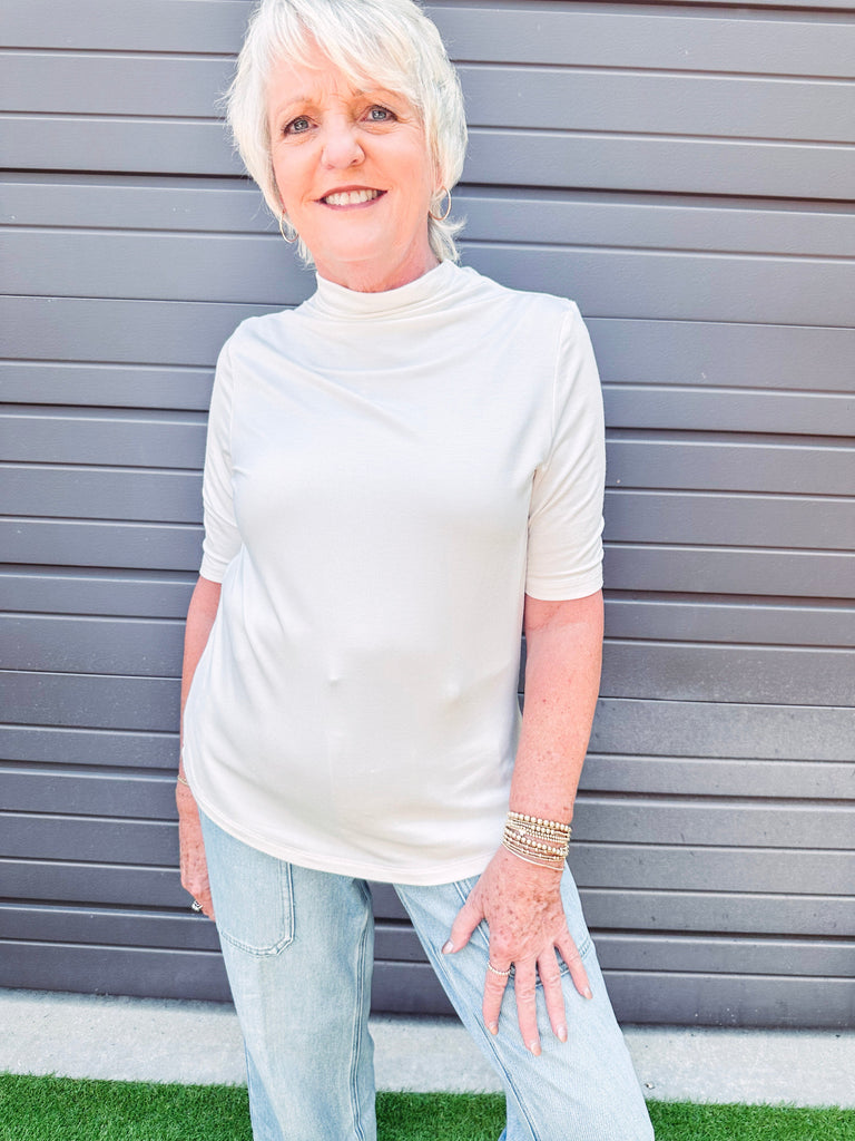 Tribal Top Funnel Neck Staple Top- in White