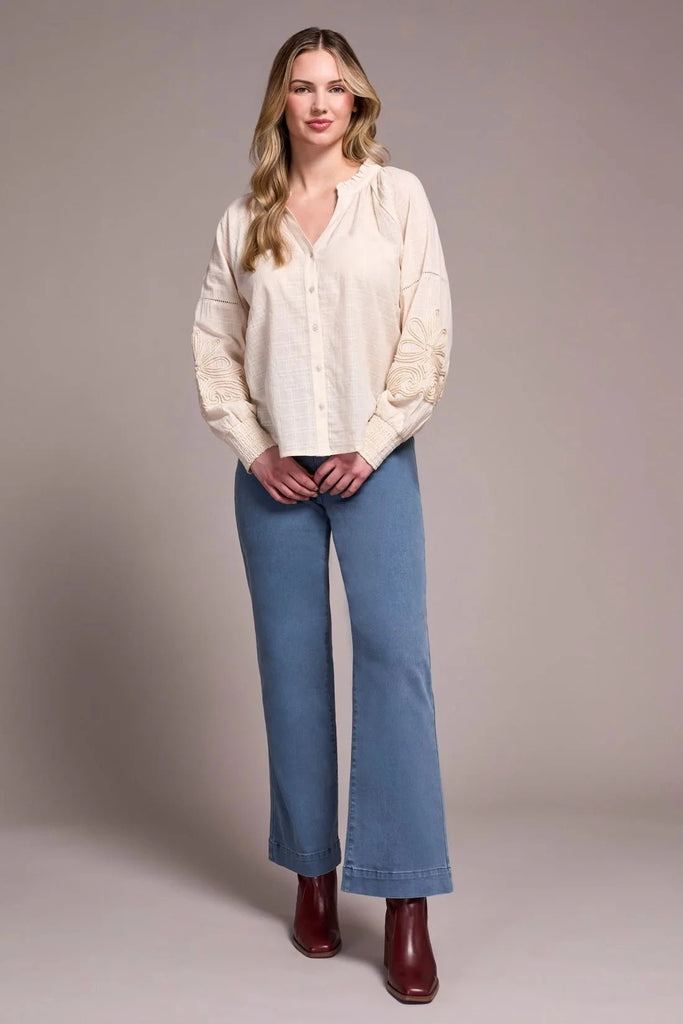 Tribal Shirts & Tops Tribal Button Front Blouse with Sleeve Appliqué