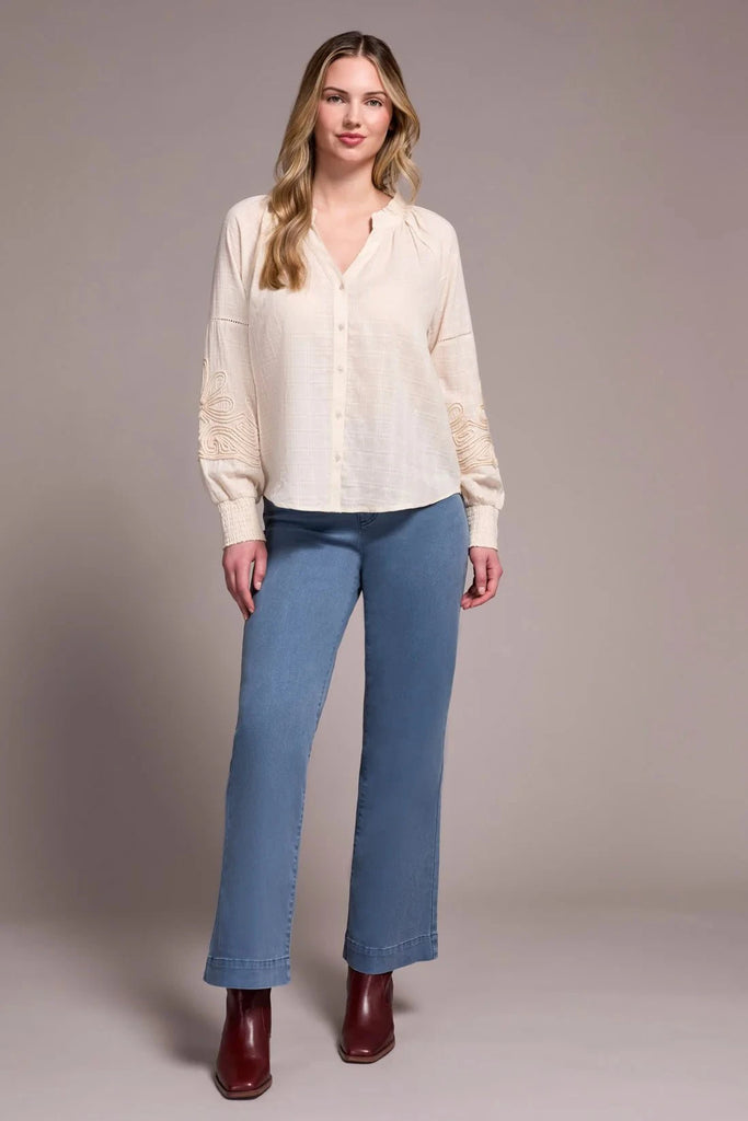 Tribal Shirts & Tops Tribal Button Front Blouse with Sleeve Appliqué