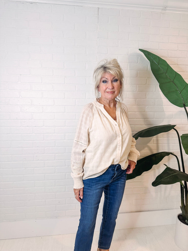 Tribal Shirts & Tops Tribal Button Front Blouse with Sleeve Appliqué