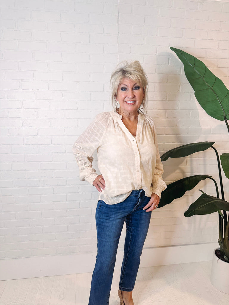 Tribal Shirts & Tops Tribal Button Front Blouse with Sleeve Appliqué