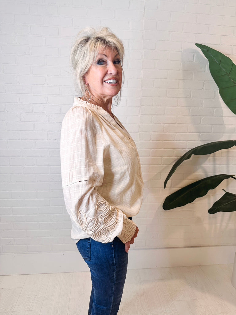 Tribal Shirts & Tops Tribal Button Front Blouse with Sleeve Appliqué