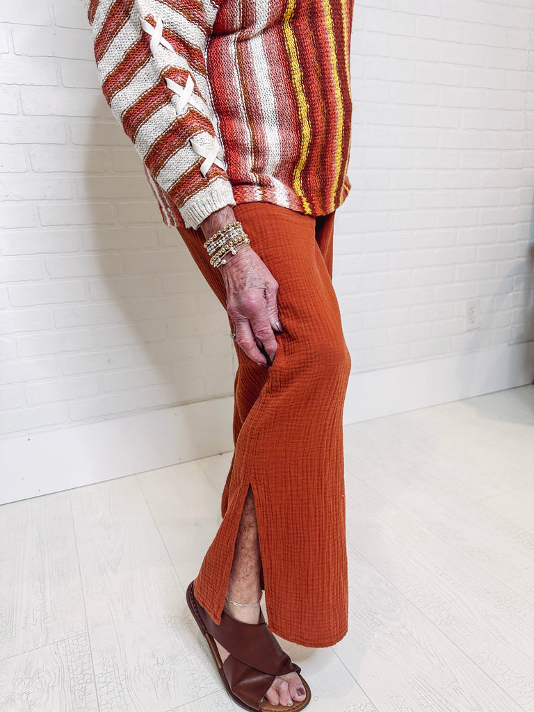 Tribal Pant Tribal Cotton Gauze Wear 2 Ways Wide Leg Pants-- Orange