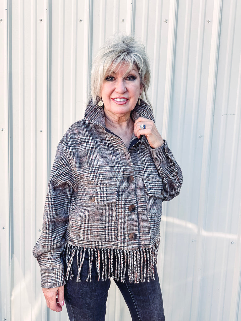 Tribal Jacket Tribal Cropped Plaid Shacket with Fringe