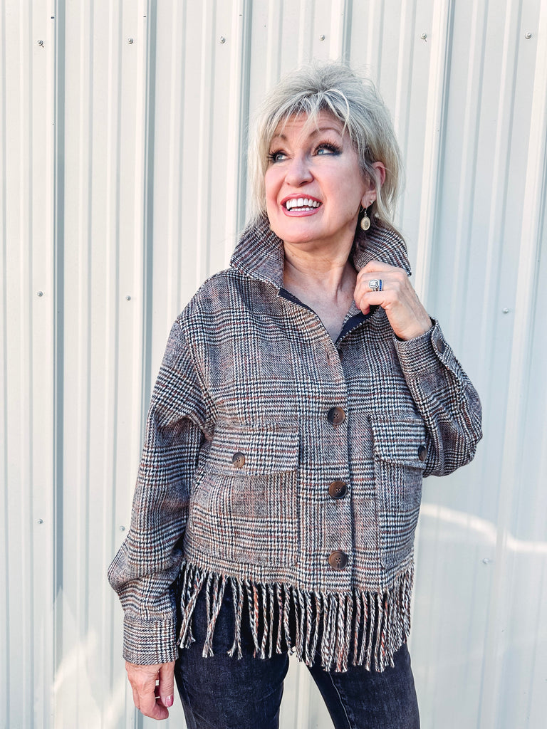 Tribal Jacket Tribal Cropped Plaid Shacket with Fringe