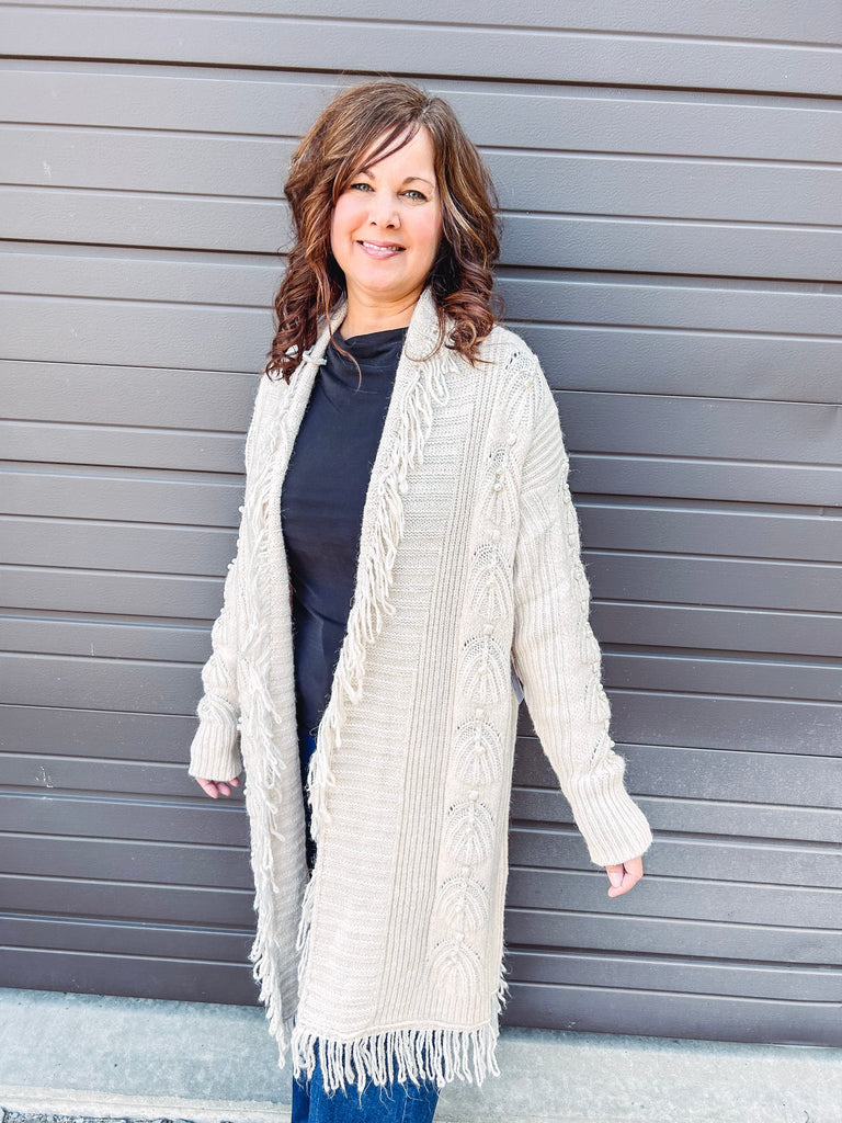 Tribal Cardigan Tribal Fringed Sweater Cardigan with Pearl Details