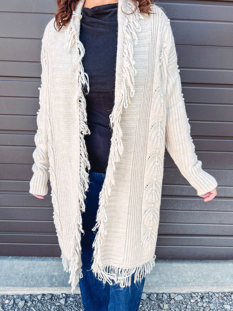 Tribal Cardigan Tribal Fringed Sweater Cardigan with Pearl Details