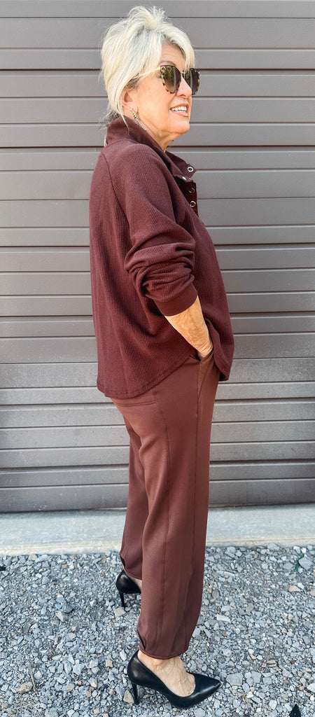 Tribal Top Tribal Johnny Collar Ribbed Henley Top--Cocoa