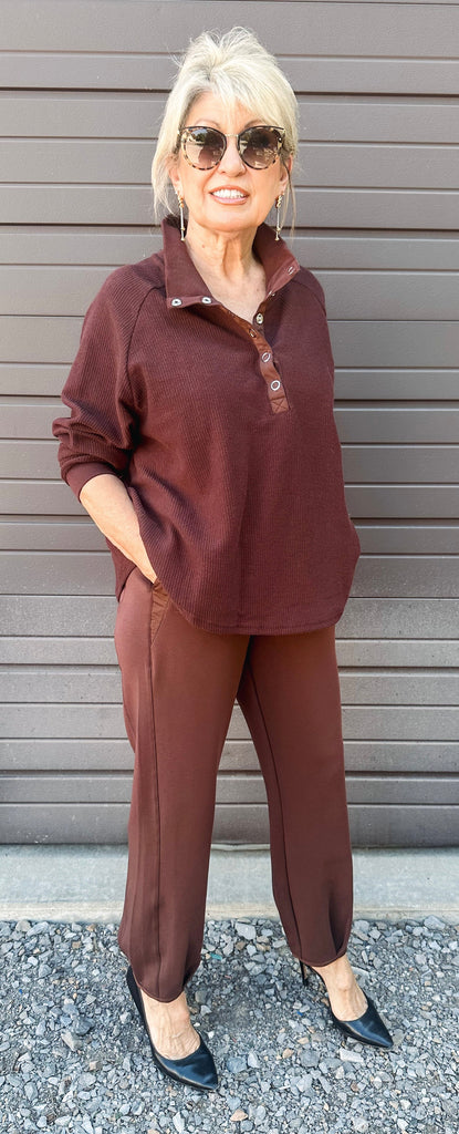 Tribal Top Tribal Johnny Collar Ribbed Henley Top--Cocoa