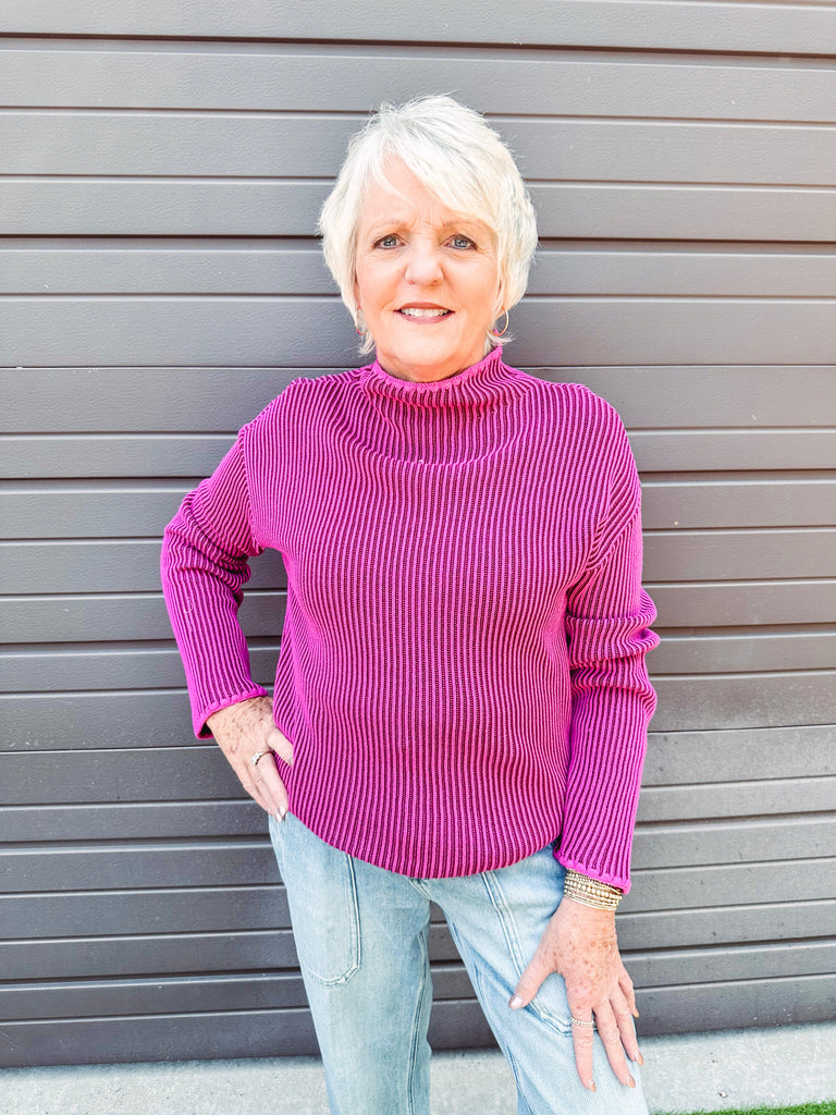 Tribal Sweater Tribal Two Toned Ribbed Funnel Neck Sweater