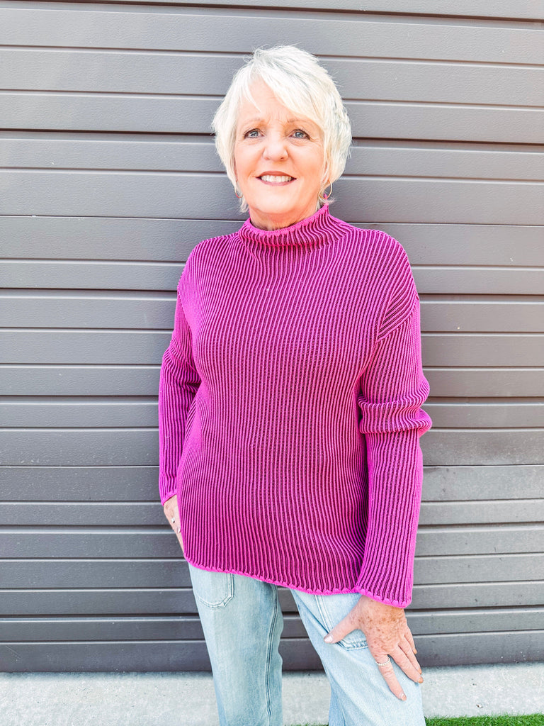 Tribal Sweater Tribal Two Toned Ribbed Funnel Neck Sweater