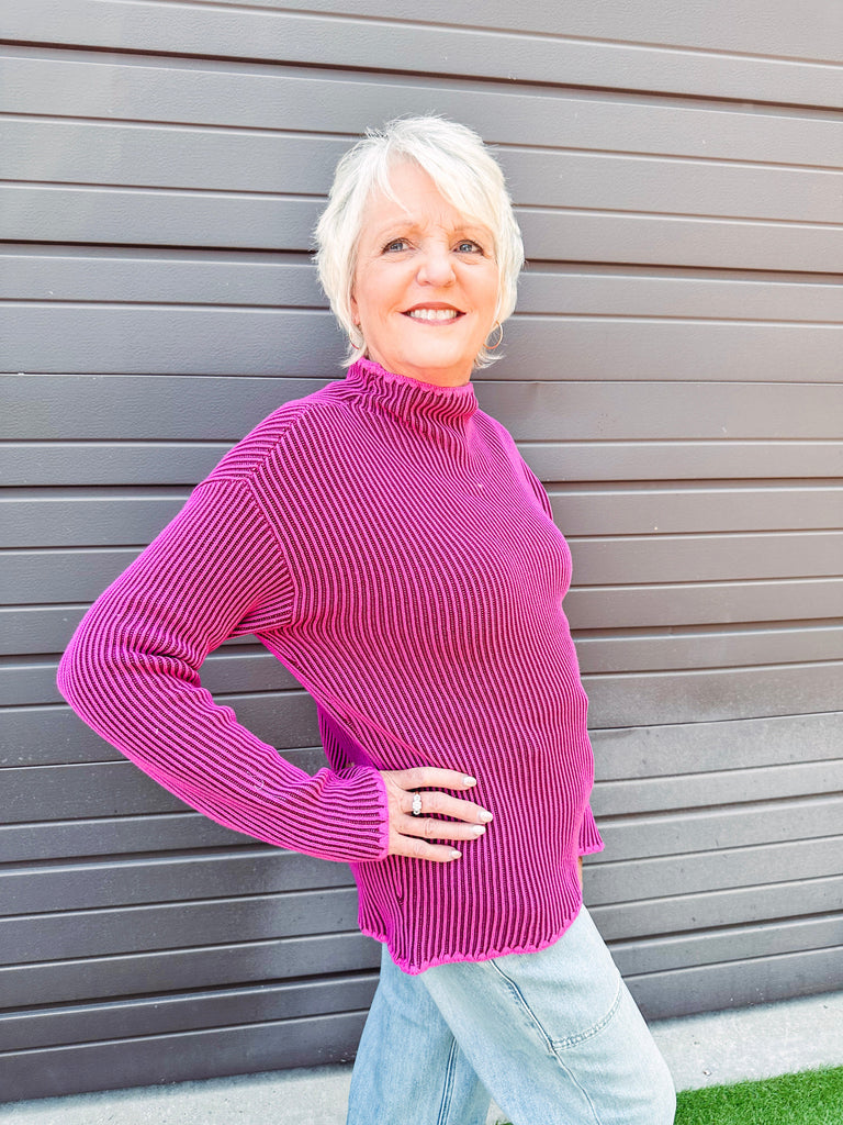 Tribal Sweater Tribal Two Toned Ribbed Funnel Neck Sweater