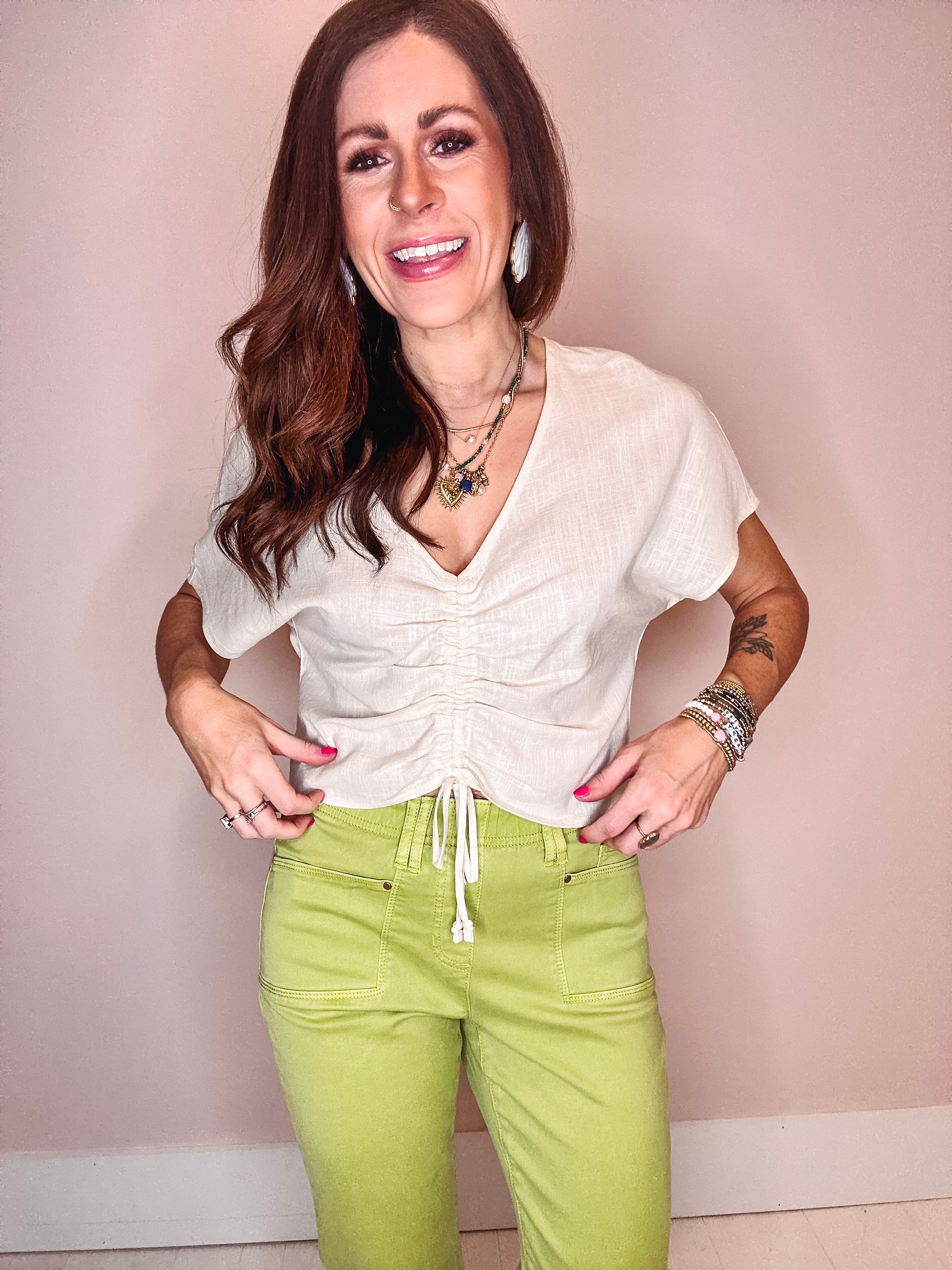 XIX-Palms x Tribal Drawstring Front Shell Blouse